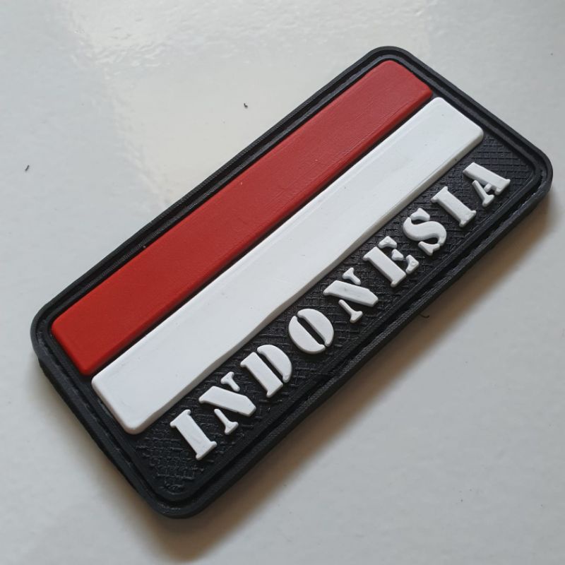 patch rubber logo bendera merah putih tulisan indonesia panjang / tempelan emblem karet velcro