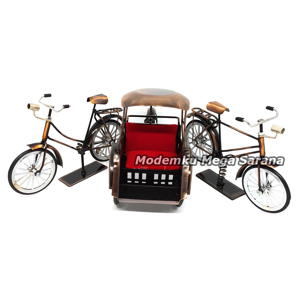 Paket isi 3 - Miniatur Becak &amp; Sepeda Ontel Logam Kawat Laki + Perempuan