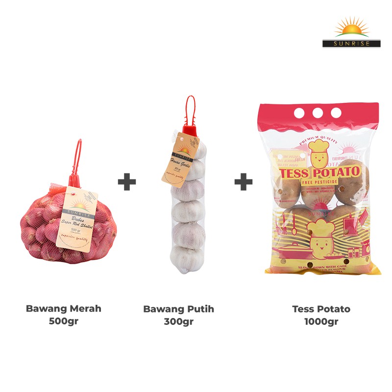 

SUNRISE BAWANG MERAH [500 GR] + SUNRISE BAWANG PUTIH [300 GR] + SUNRISE TESS POTATO [1000 GR]
