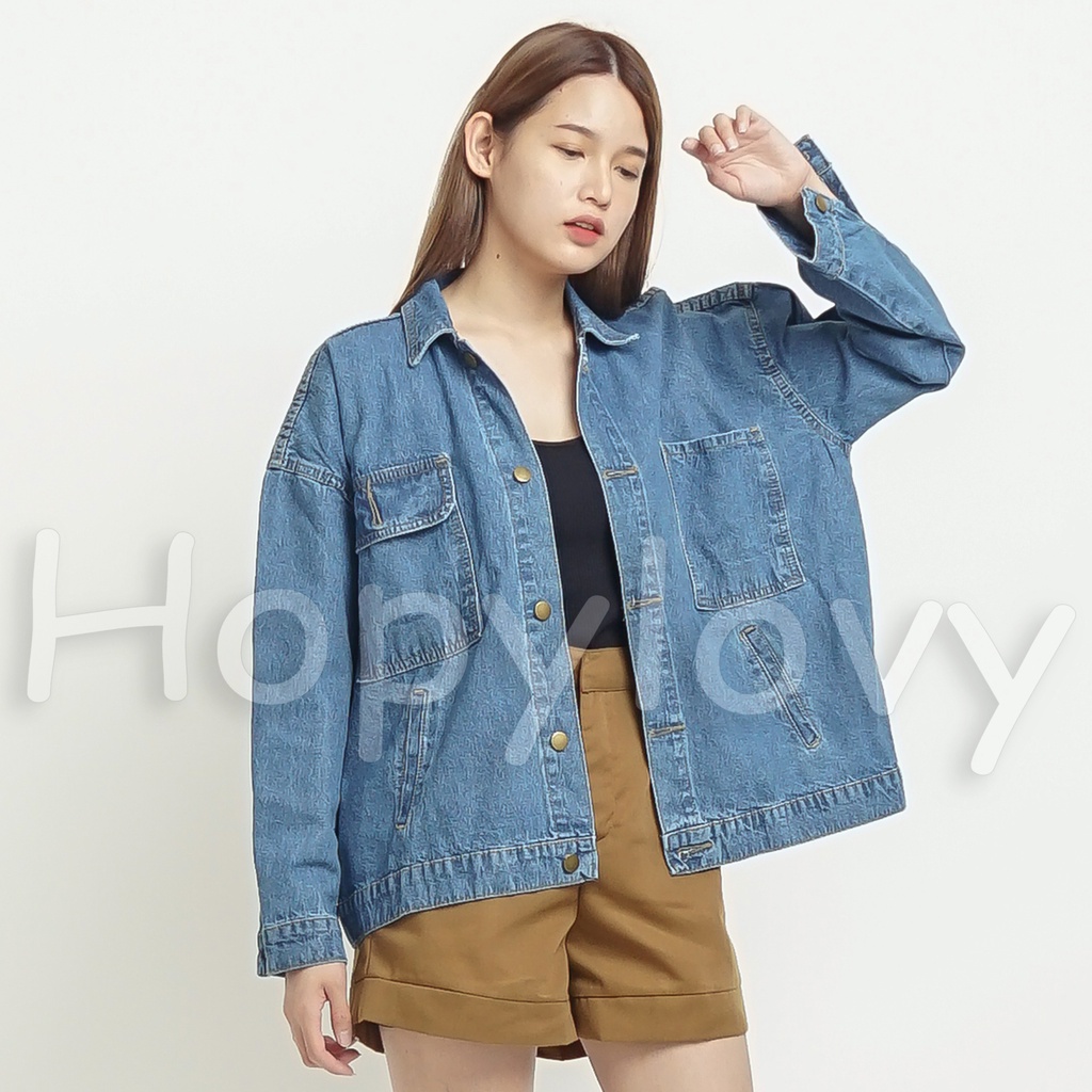 Jaket Jeans Wanita | jaket Jeans Oversize | Pocket Printing Denim Jacket Izzi - HOPYLOVY