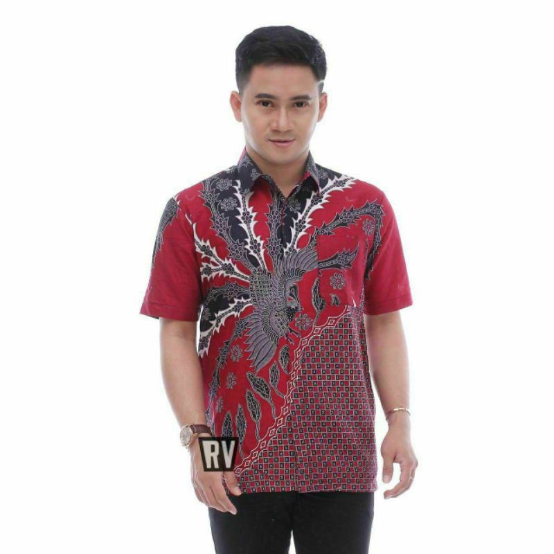 Atasan hem batik cowok lengan pendek warna merah dan biru dongker navy seragam jumbo xxl murah