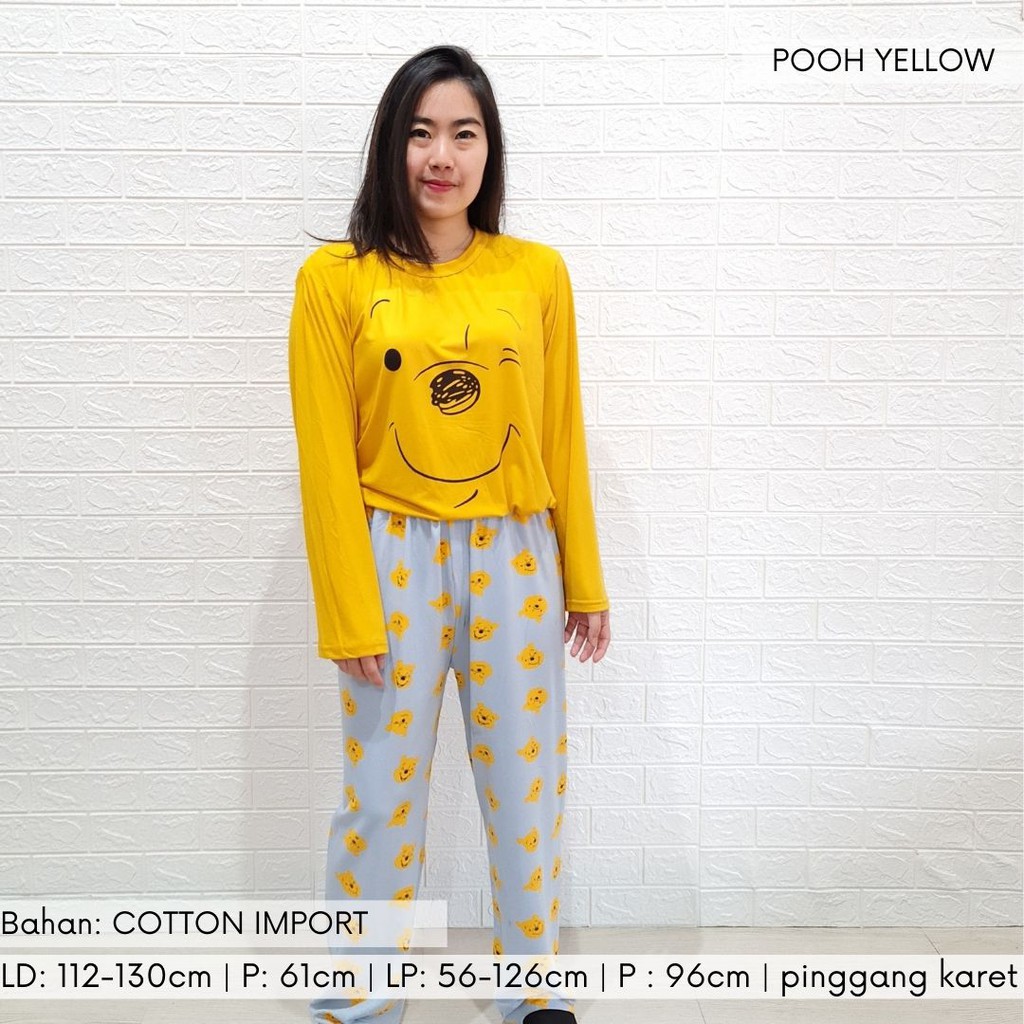 3522 kaos pajamas long pooh yellow one set import big baju tidur