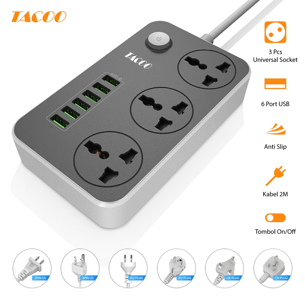 

Tacoo Stop Kontak 3 Socket with USB Charger 6 Port 10A Kabel Listrik Ekstensi Pengisi Daya Cepat