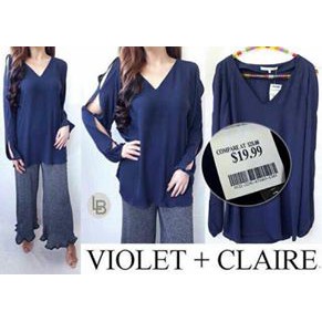 Baju Branded blus violet claire Slit Sleeve Blouse (navy )