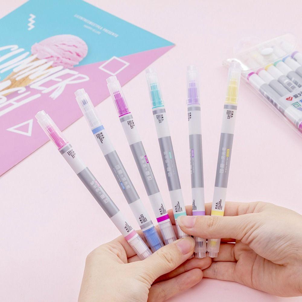 R-flower 6PCS/Set Stabilo Pen Set Good-looking Permen Warna Graffiti Dihapus Stabilo Alat Tulis Pena Warna Kepala Ganda
