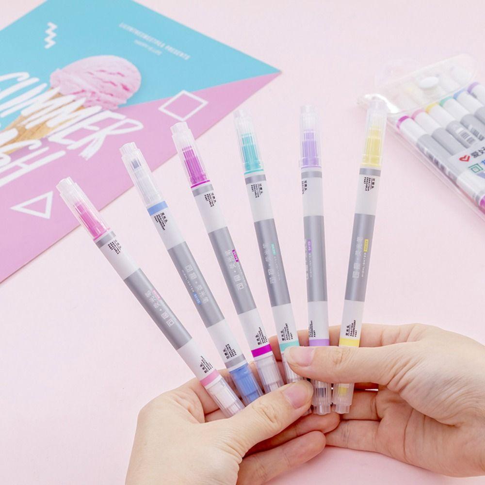 R-flower 6PCS/Set Stabilo Pen Set Good-looking Permen Warna Graffiti Dihapus Stabilo Alat Tulis Pena Warna Kepala Ganda