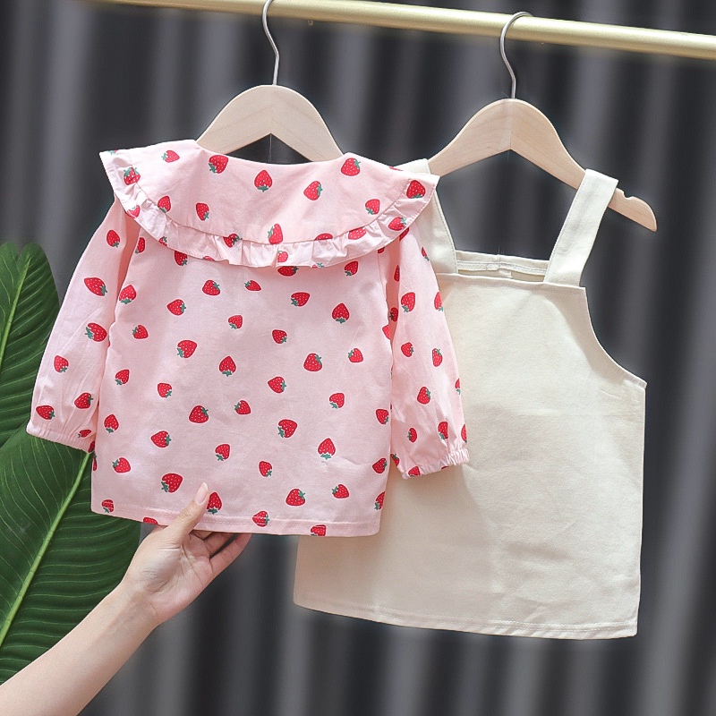 【Happy Baby】0-4Tahun QZ-12 Dress Anak Perempuan Motif Strawberry Lengan Panjang Bertali Fashion Anak