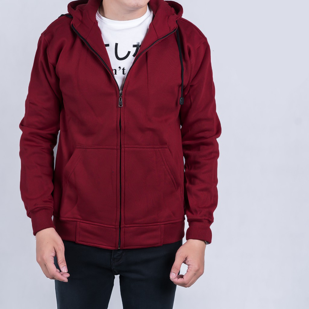 Jaket Hoodie Resleting Polos Pria Cowok Hitam Biru Merah Maroon Abu Coklat Aneka Warna