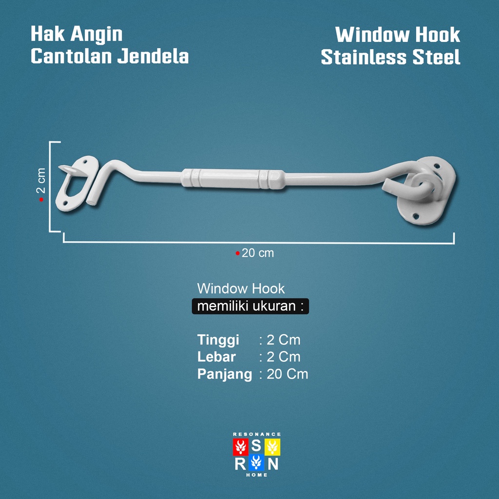 Hak Angin Segi Coating Putih / Cantolan Penahan Jendela 8 Inch / 20cm Window Hook Resonance Home