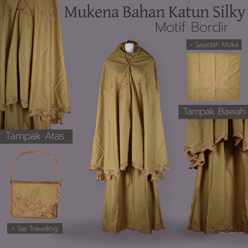 mukena dewasa traveling bahan silky bordir pola butik