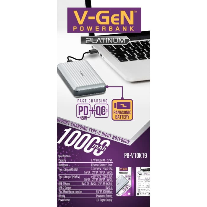 Powerbank V-GeN V10K19 10000mAh QC 3.0 Fast Charging PD Type C Input