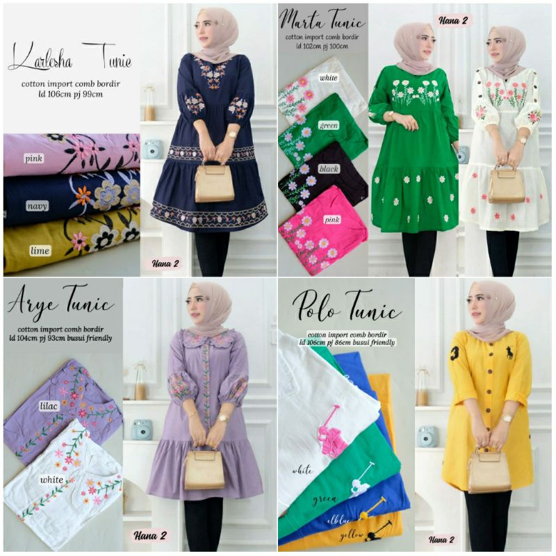 Serba Tunik Cotton Import kombi Bordir asli by HANA [ Karlesha / Polo /Arye /Marta] atasan Wanita Tu