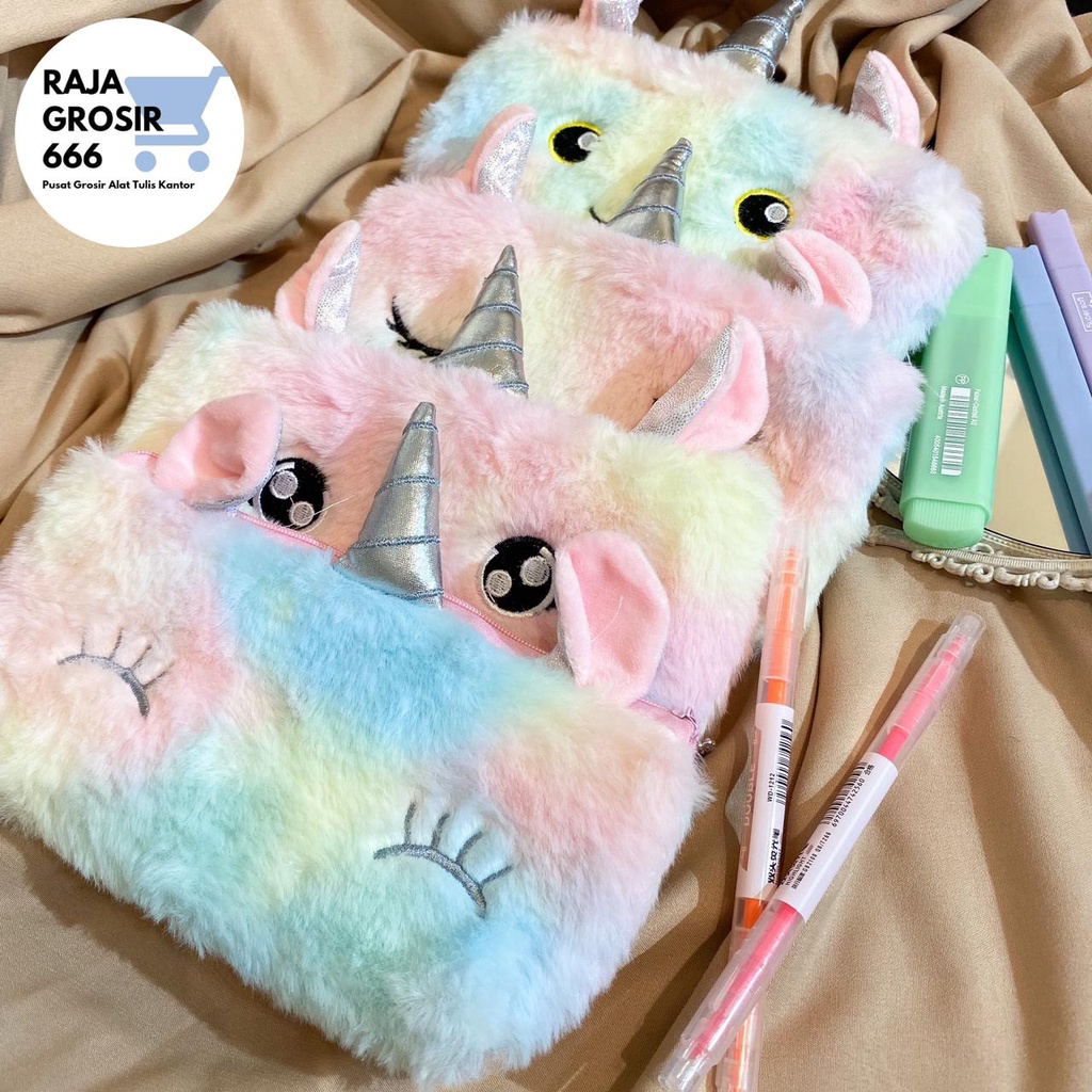 

Kotak pensil bulu unicorn muka mata wajah tepak tempat pencil case termurah bagus imut souvernir