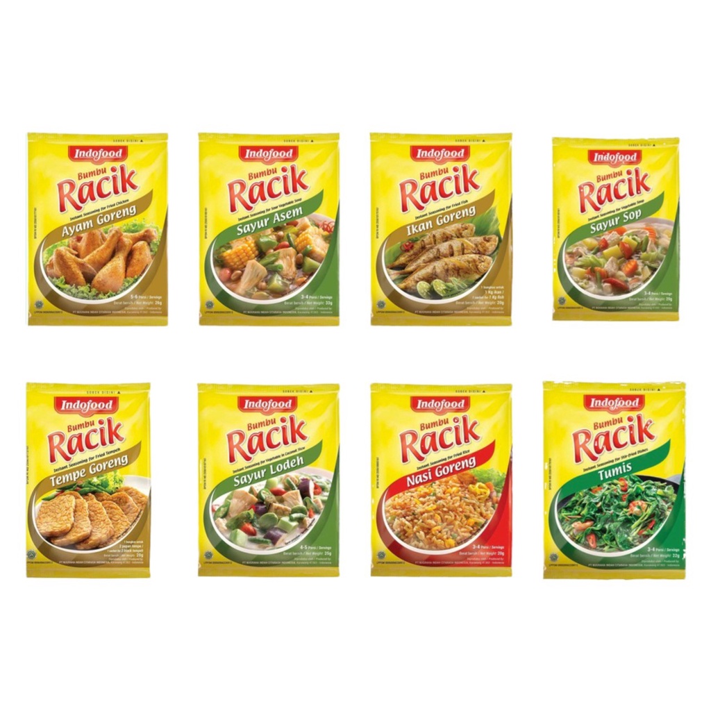 

Indofood Bumbu Racik Ayam / Tempe / Ikan / Nasi Goreng / Tumis / Sayur Asem / Sop / Lodeh