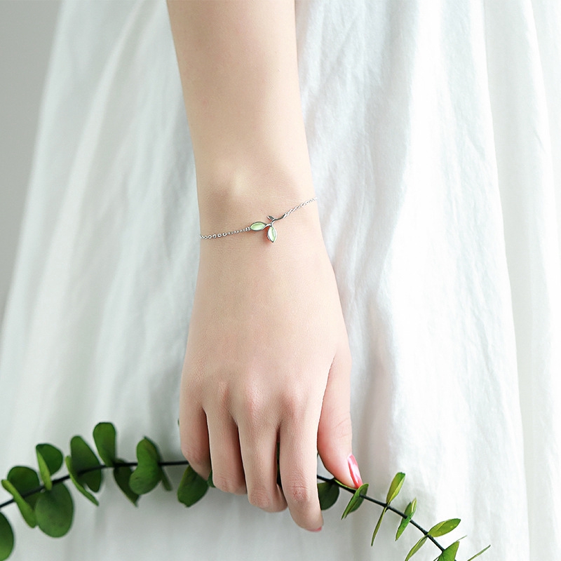 Gelang Tumpuk Bracelet Daun Opal Daun Muda Rantai Perak Versi Korea Perhiasan Bracelets Jewelry