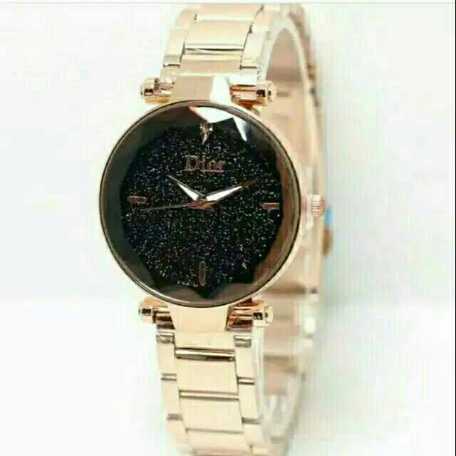 Jam Tangan Wanita Permata Rantai Balok Satu Plat Glitter Rosegold