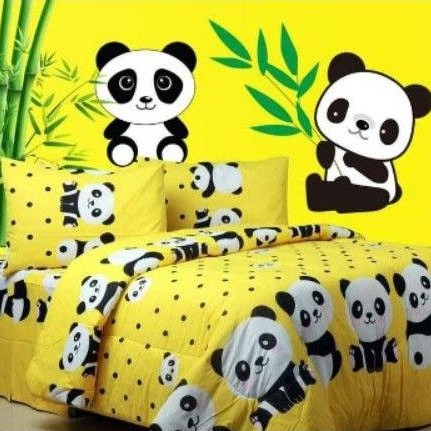 seprei set bedcaver motif panda kuning ukuran 120x200-200x200 T20 bahan katun lokal