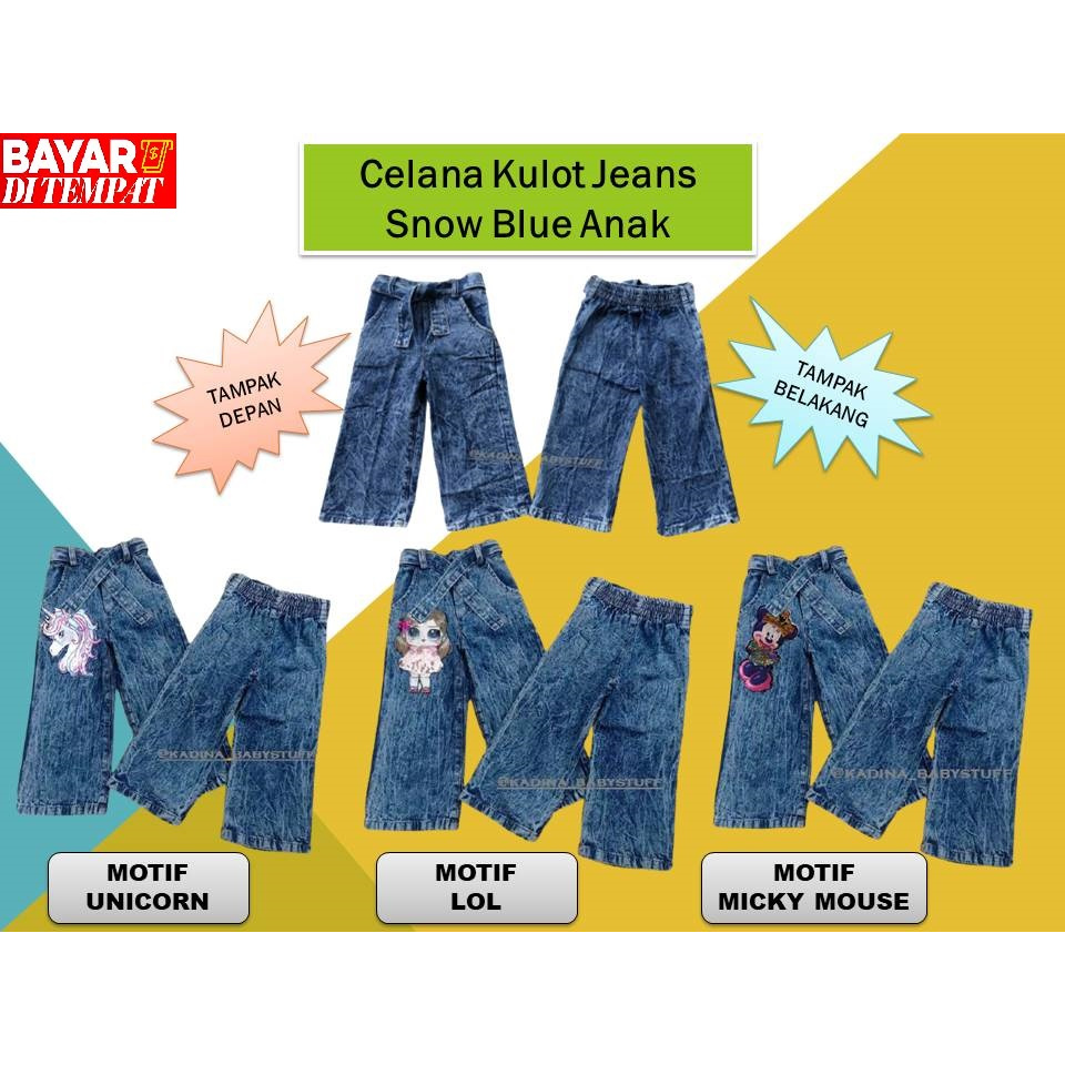 CELANA KULOT JEANS ANAK PEREMPUAN SNOW BLUE (COD) / KULOT ANAK MOTIF UNICORN / MICKY MOUSE / LOL