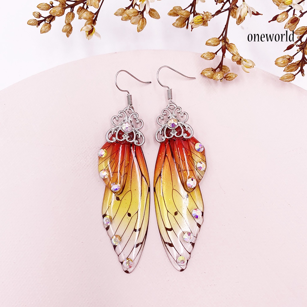 OW# Women Fashion Earrings Butterfly Wing Gradient Color Rhinestone Ear Hook Jewelry