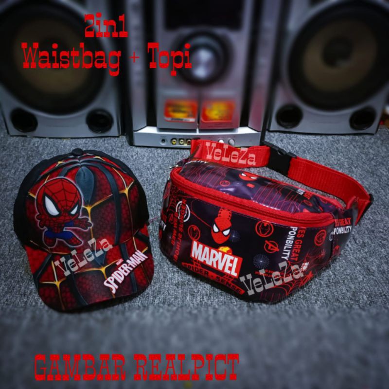 Waistbag anak karakter marvel 2in1 - Waist bag + topi