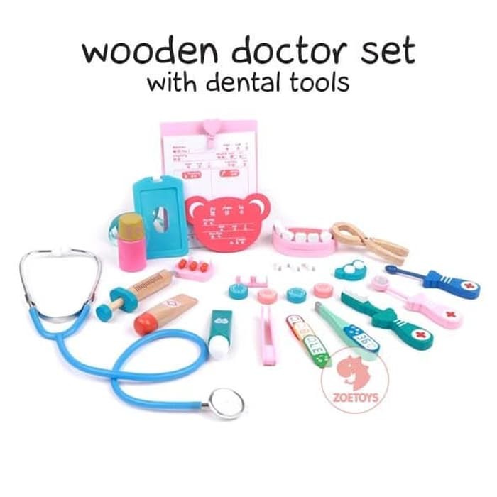 Zoetoys Wooden Doctor Set With Dental Tools A B  | Medical Set Kit Dokter Gigi Dentist Pretend Play Toys | Mainan Red blue Dokter Dokteran umu | Cari Kado Natal