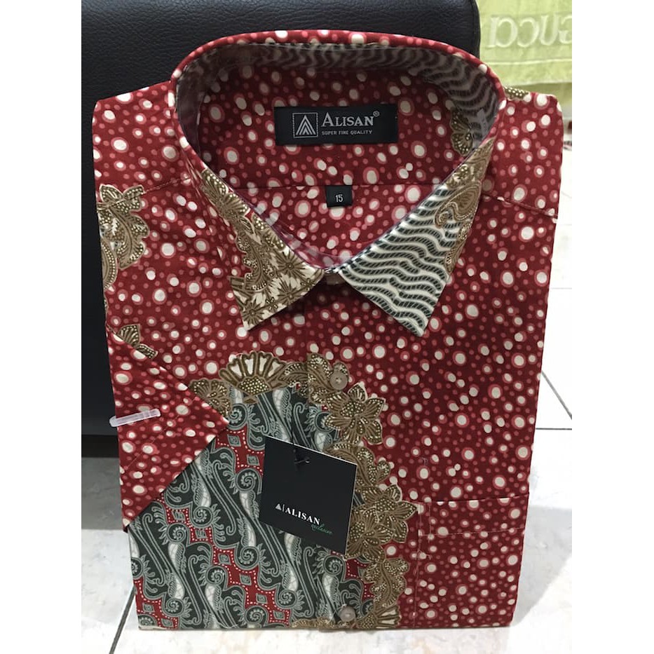 NEW MT KEMEJA ALISAN BATIK CORAK KEMBANG BULAT MERAH LENGAN PENDEK 15