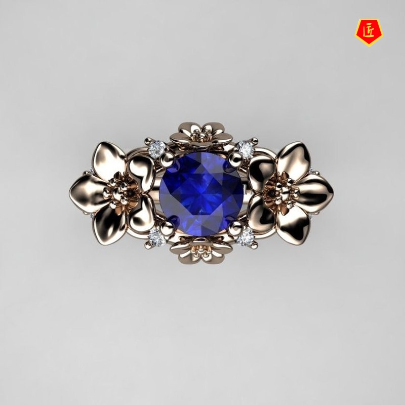 [Ready Stock]Creative Silver Inlaid Sapphire Flower Ring