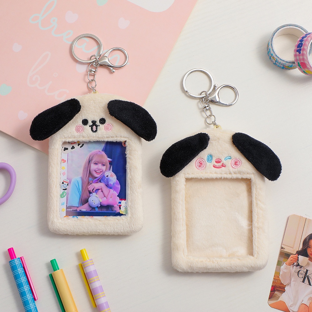 Holder Kartu Kredit / ID / Bus / Foto Bahan Plush Desain Kucing Kawaii Dengan Gantungan Kunci