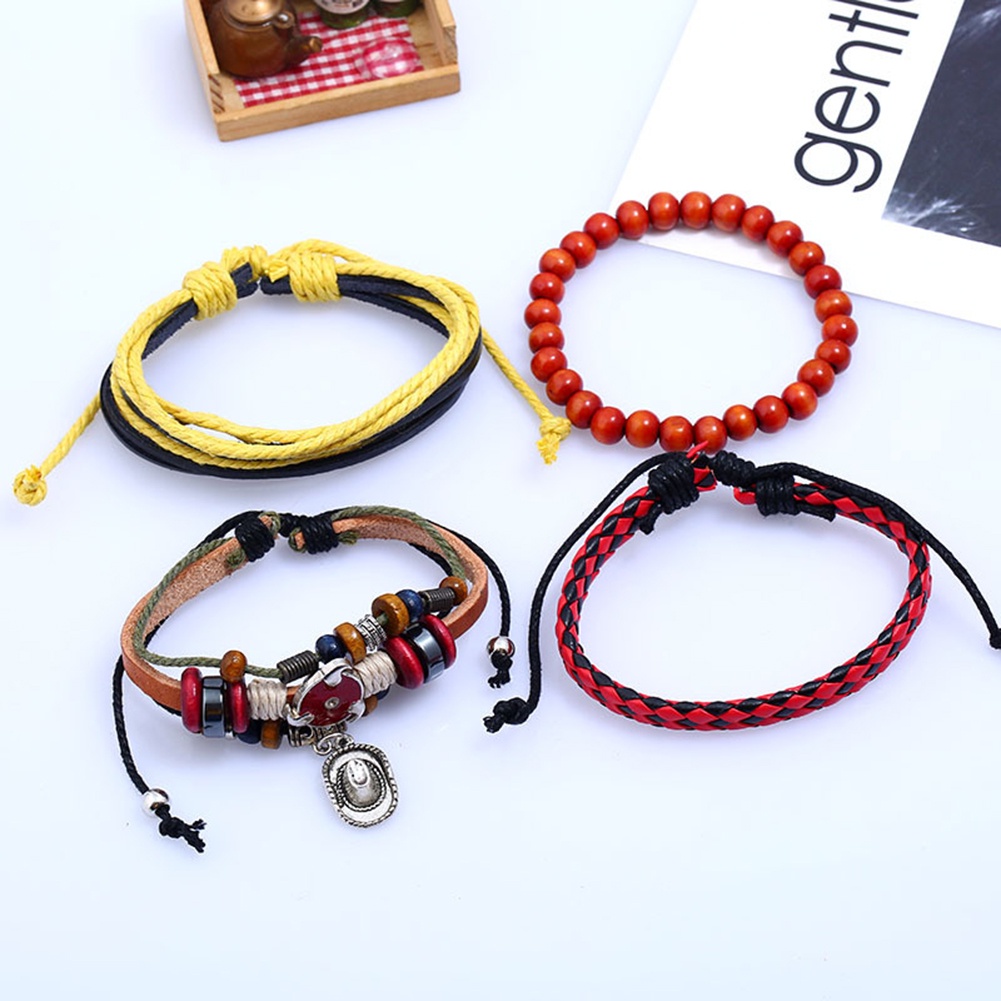 Hu Hu Hu Hu Hu Alat Bantu Pasang Kacamata♡ 4pcs / Set Gelang Multilayer Bahan Kulit Imitasi Gaya Retro Etnik Untuk Wanita