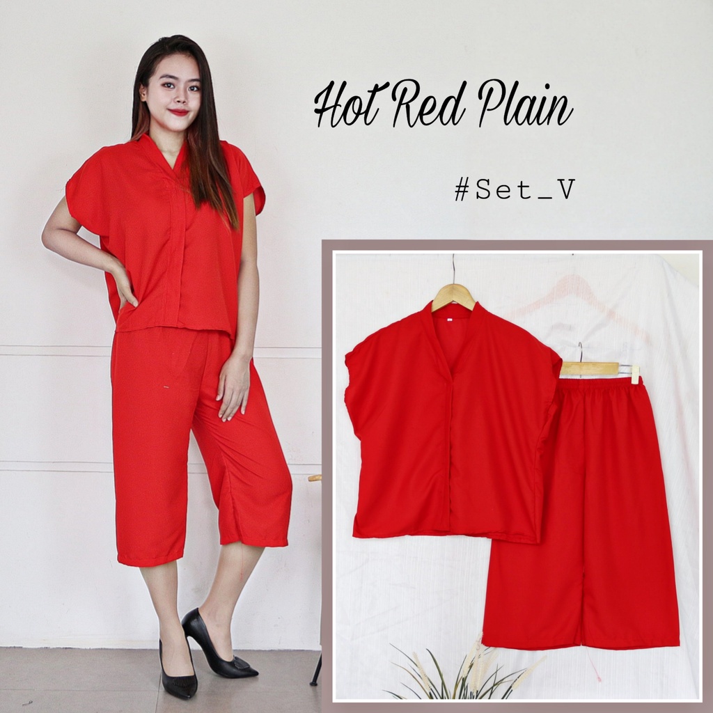 IZANY Piyama Dewasa Daily ONE SET V / SET Kulot Kimono PLAIN Polos-HOT RED PLAIN