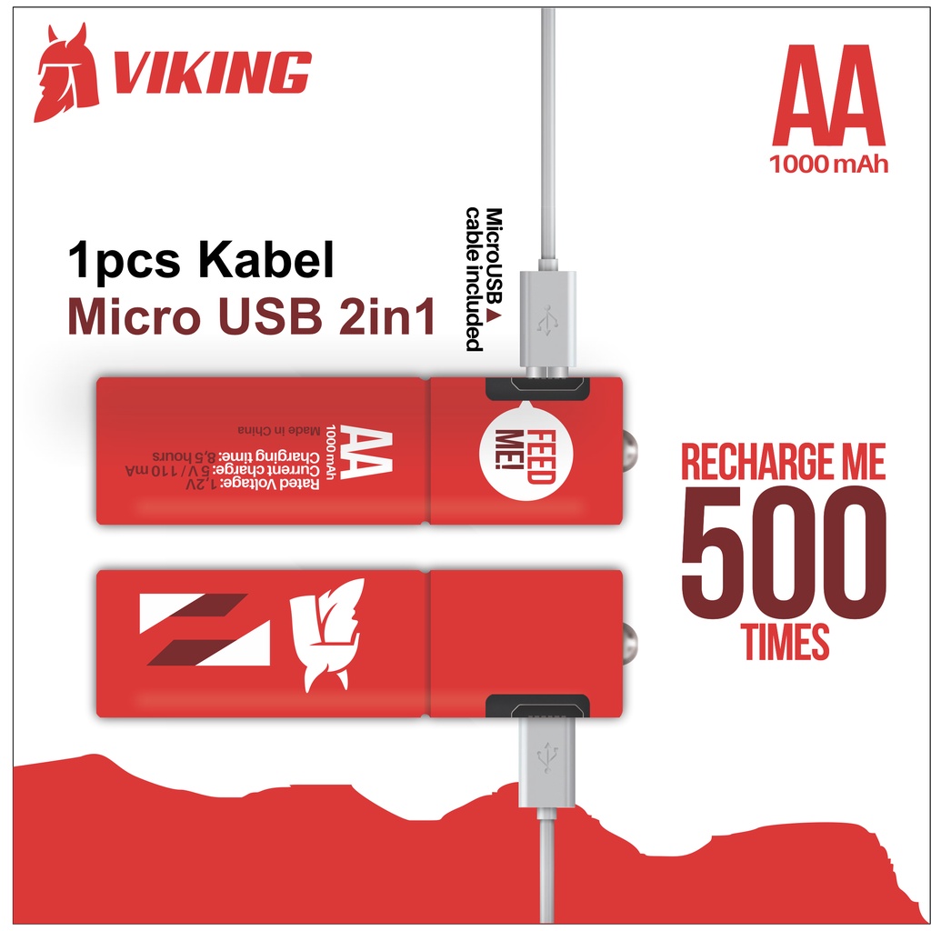 Viking Baterai AA Cas Micro USB Rechargeable Battery 1.2V 1000 mAh Batre Batrai Bisa Isi Daya Ulang Dicas