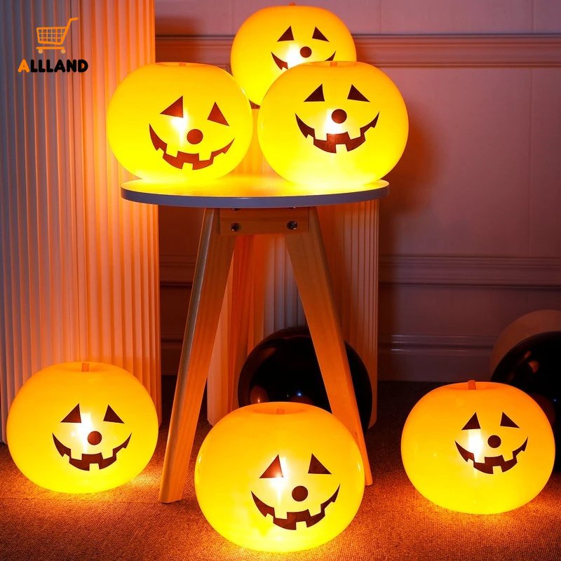 5pcs / Set Balon Latex Bentuk Labu Halloween Dengan Lampu LED Tenaga Baterai Untuk Dekorasi Pesta