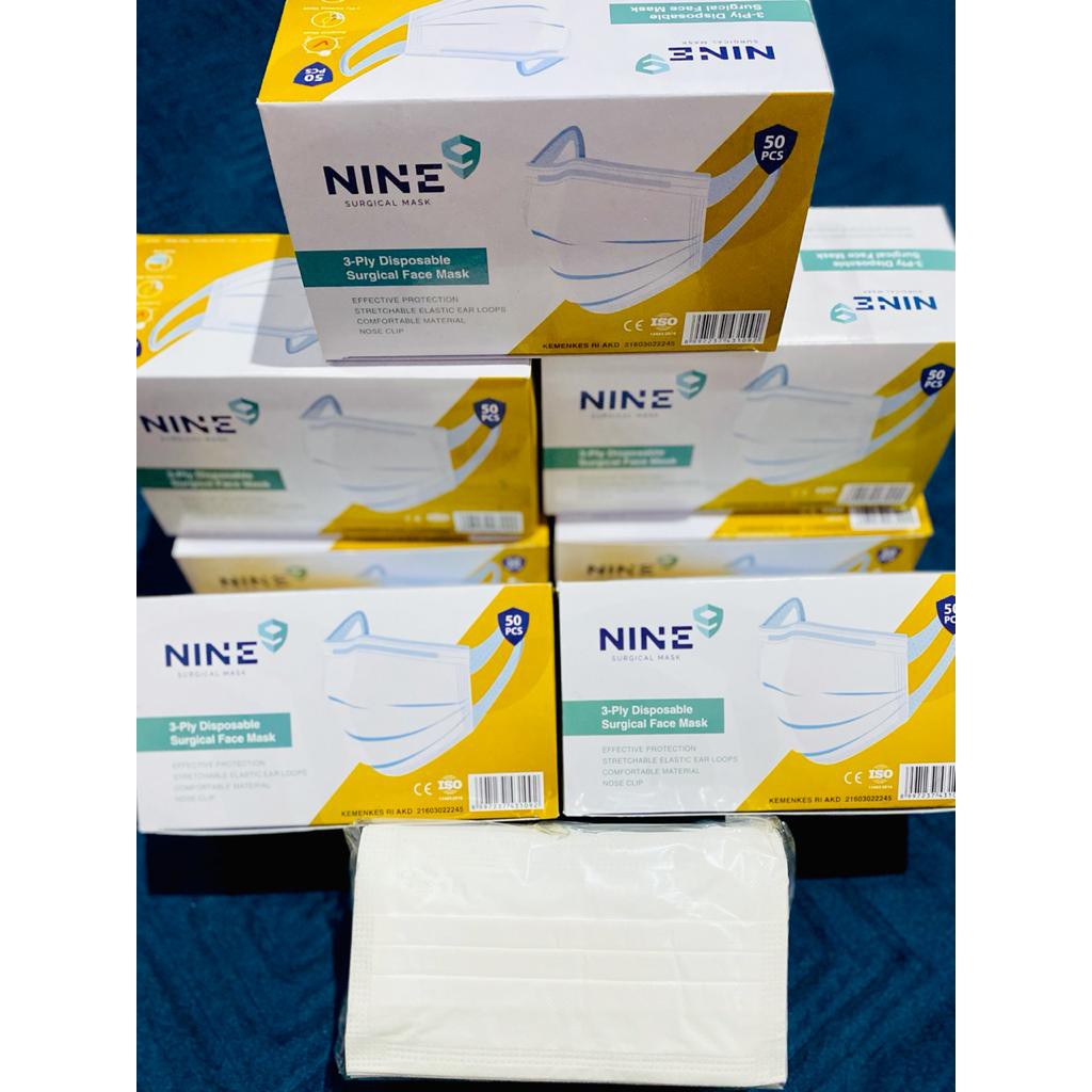 Masker Nine Surgical Face Mask 3ply isi 50pcs (Model Tali earloop lebar)
