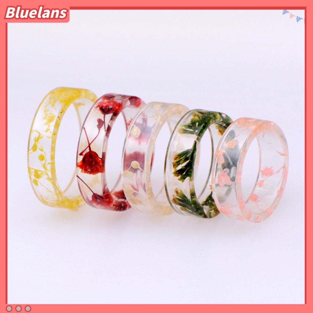 Bluelans Cincin Resin Transparan Aksen Bunga Kering Handmade Gaya Retro Untuk Wanita
