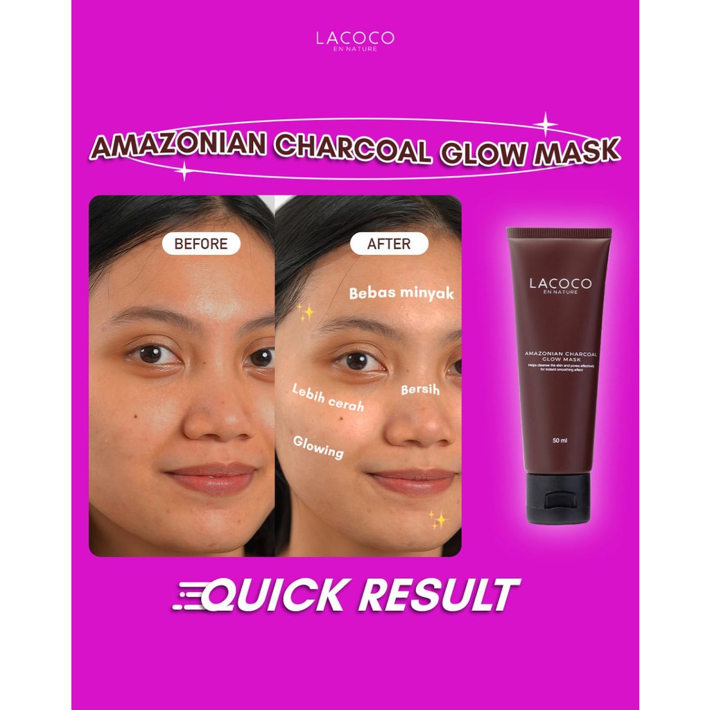 Lacoco Amazonian Charcoal Glow Mask Mengangkat Komedo dan Mengeringkan Jerawat di Wajah