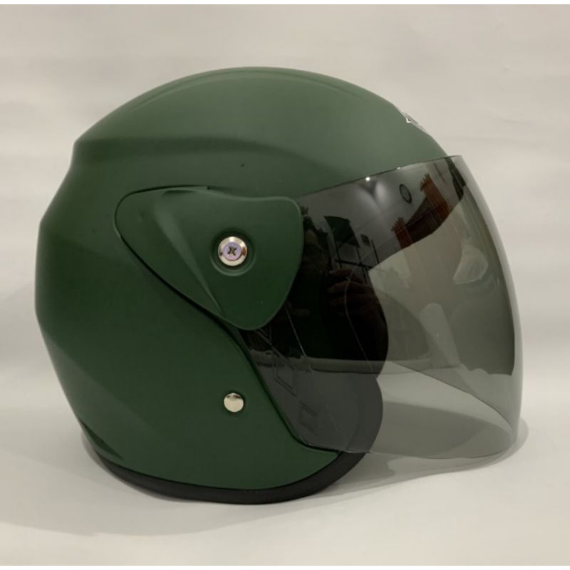 Helm Motor Evo Polos Hijau Army Doff Nouvo Half Face SNI Dewasa
