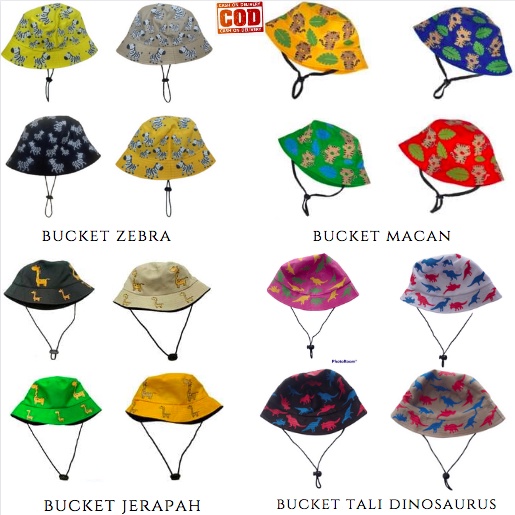 BUCKET HAT ANAK TALI KARAKTER JERAPAH / ZEBRA / MACAN / DINOSAURUS USIA 1-8 TAHUN LAKI PEREMPUAN