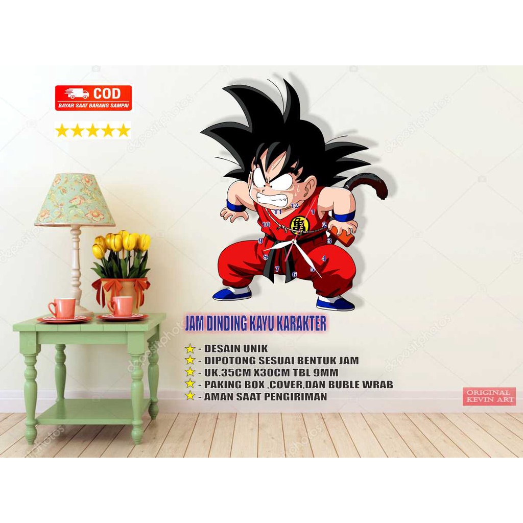 JAM DINDING KARAKTER DRAGON BALL GOKU BESAR UNIK HANDMADE UKIR KAYU DEKORASI HIASAN DINDING TERLARIS