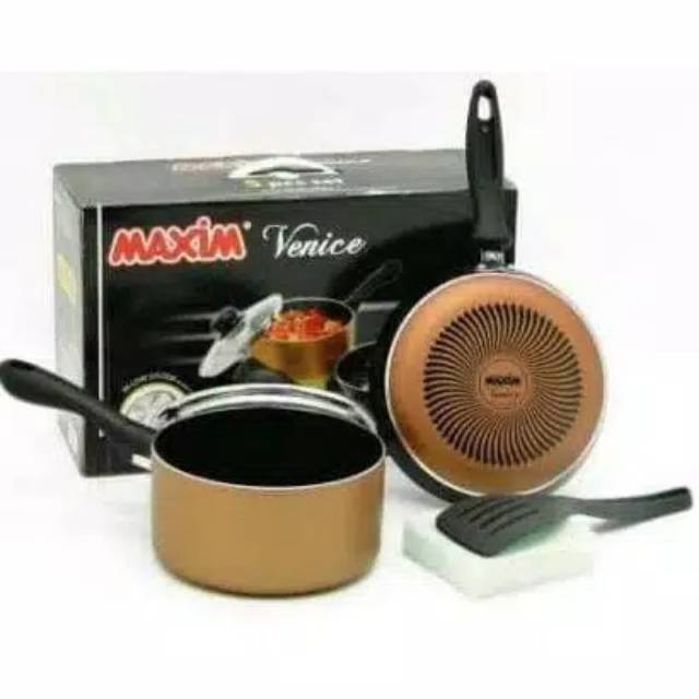 MAXIM Venice 5 Set/ Fry pan + Panci Tutup Kaca + Spons + Spatula