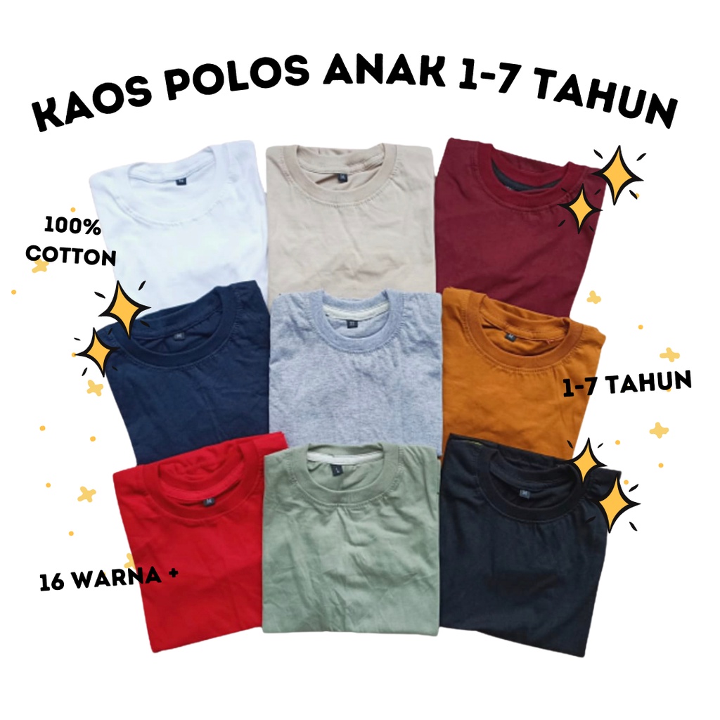 kaos polos anak balita baby 1-7 tahun bahan adem cotton 24s atasan polos anak laki laki perempuan