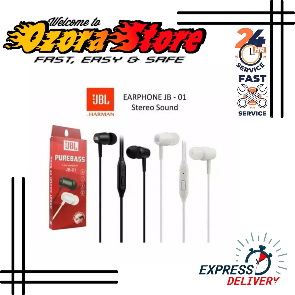 Headshet JBL Purebass JB-01 Hitam Putih Hf music Audio JB01 Earphone