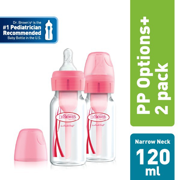 Dr.Brown's 4 oz / 120 ml PP Narrow Neck &quot;Options+&quot; Baby Bottle, Pink/Blue,2 Pack / Botol Susu Bayi