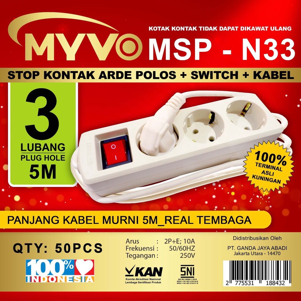 Myvo Stop Kontak Kabel 1.5 - 3 - 5 Meter 2 - 3 - 4 - 5 Lubang