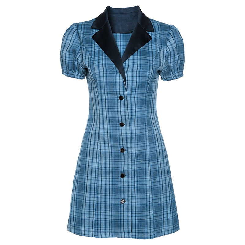 #Sisjuly# wind retro peacock blue plaid suit dress pinggang kancing kerah