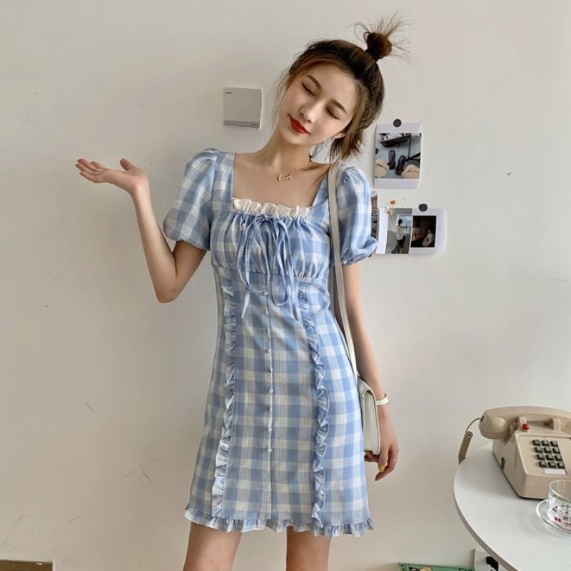 COD New Korean Fashion Style Blue Women Bodycon Mini Dress Short Sleeve Casual Party Sexy Summer Dresses