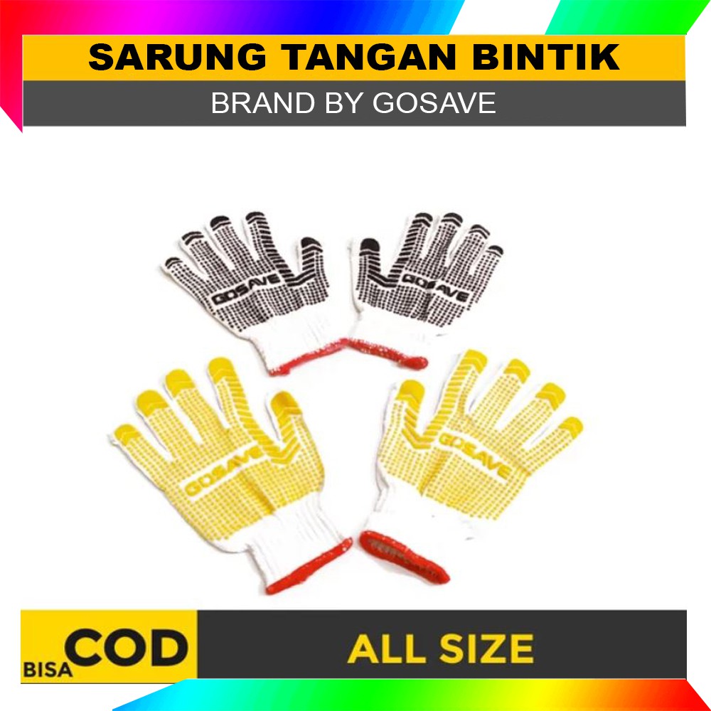 Sarung Tangan Bintik Karet KUNING Polka dot Katun Safety Gloves Dotting GOSAVE Eceran Sepasang