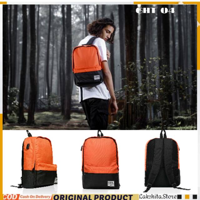 GEHU Tas Punggung Pria Multifungsi Casual Backpack Tas Ransel Sekolah Olahraga Distro Kerja Isi Colokan USB Charger Warna Orange