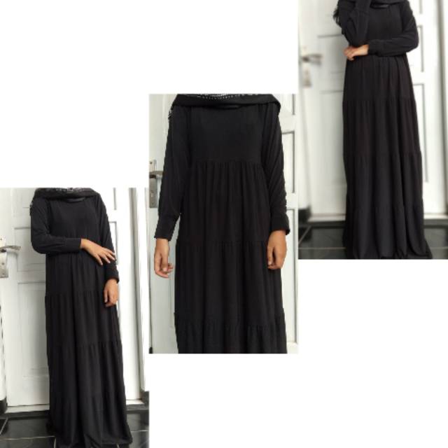 Dress Muslim Aksen Kerut Susun Warna Hitam - Gamis Polos