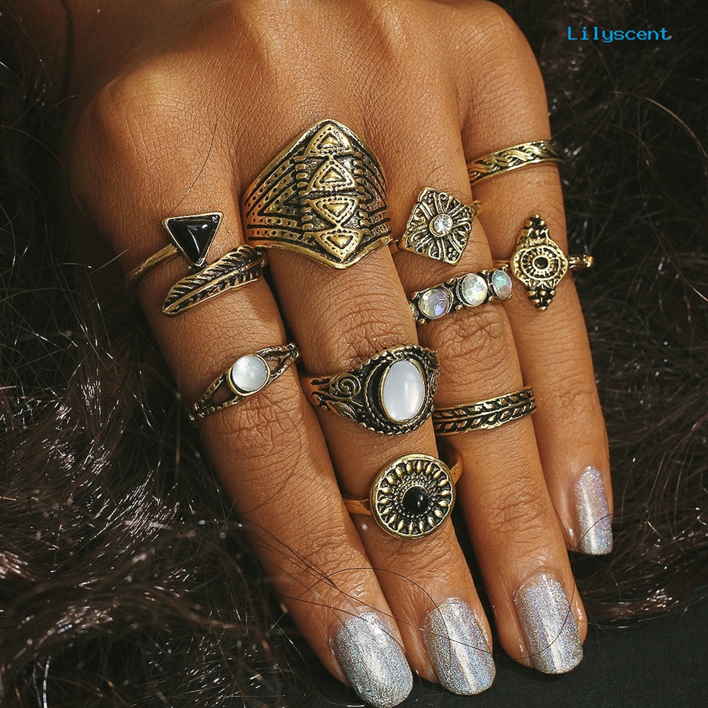 10pcs / Set Cincin Buku Jari Aneka Bentuk Gaya Boho Retro Untuk Wanita