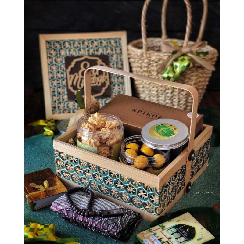 PACKAGING HAMPERS LEBARAN Bambu / Rantang Bambu Bulat Anyaman Full / Keranjang Bambu